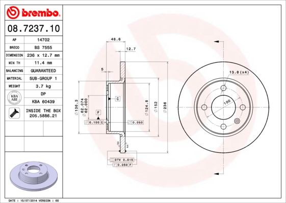 A.B.S. 08.7237.10 BREMBO Bremsscheibe