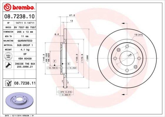A.B.S. 08.7238.11 BREMBO COATED DISC LINE Bremsscheibe