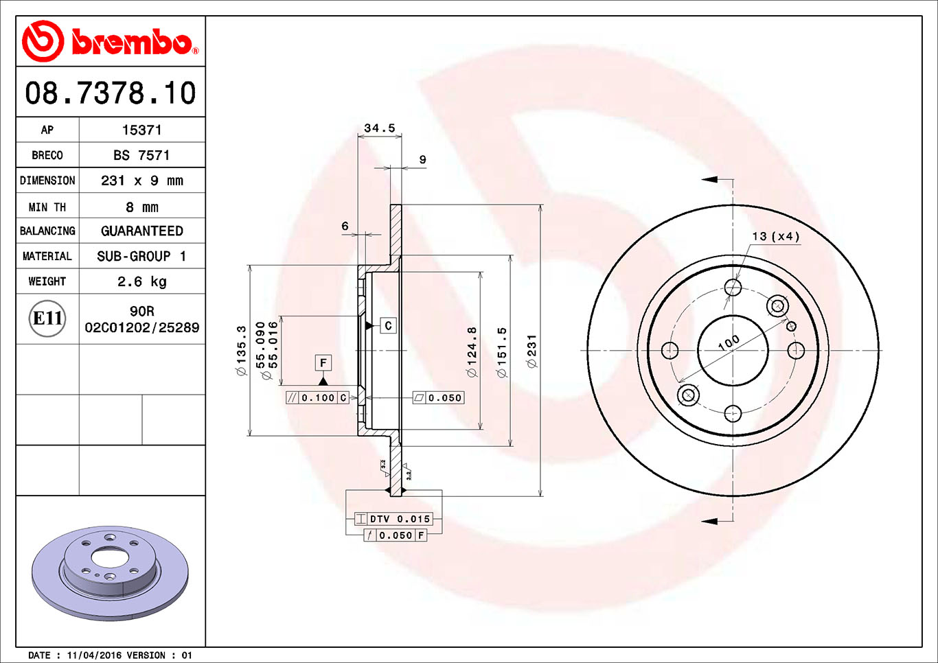 A.B.S. 08.7378.10 BREMBO Bremsscheibe