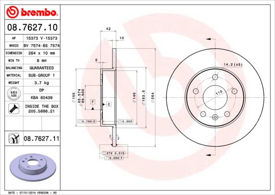 A.B.S. 08.7627.11 BREMBO COATED DISC LINE Bremsscheibe