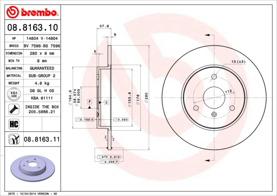 A.B.S. 08.8163.11 BREMBO COATED DISC LINE Bremsscheibe