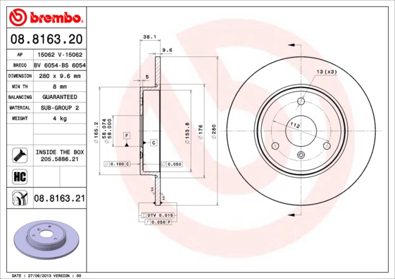 A.B.S. 08.8163.21 BREMBO COATED DISC LINE Bremsscheibe
