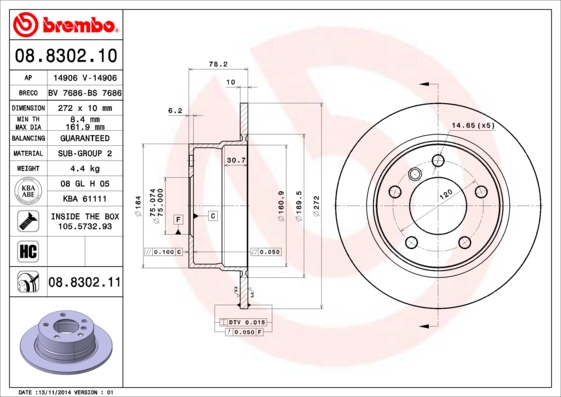 A.B.S. 08.8302.11 BREMBO COATED DISC LINE Bremsscheibe