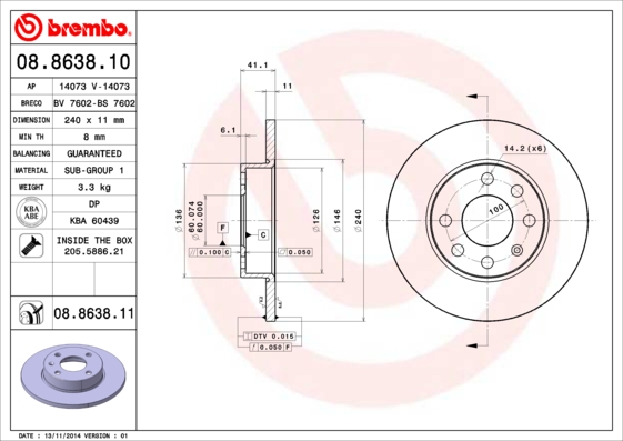 A.B.S. 08.8638.11 BREMBO COATED DISC LINE Bremsscheibe