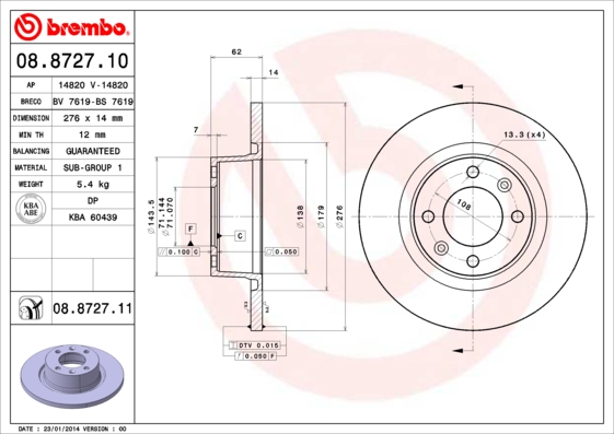 A.B.S. 08.8727.11 BREMBO COATED DISC LINE Bremsscheibe