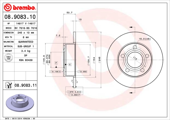 A.B.S. 08.9083.11 BREMBO COATED DISC LINE Bremsscheibe