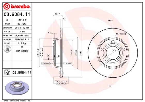A.B.S. 08.9084.11 BREMBO COATED DISC LINE Bremsscheibe