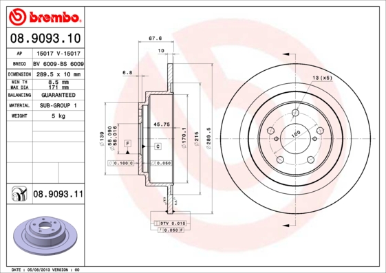 A.B.S. 08.9093.11 BREMBO COATED DISC LINE Bremsscheibe