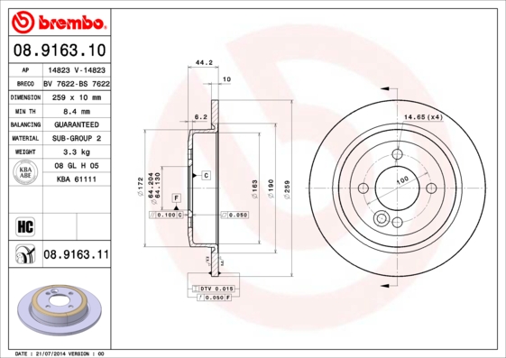 A.B.S. 08.9163.11 BREMBO COATED DISC LINE Bremsscheibe