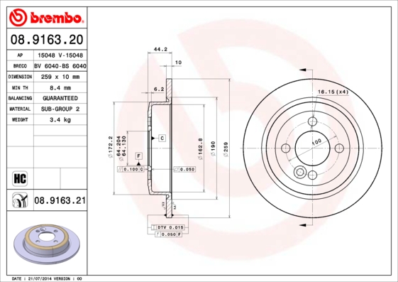 A.B.S. 08.9163.21 BREMBO COATED DISC LINE Bremsscheibe