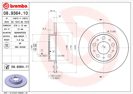 A.B.S. 08.9364.11 BREMBO COATED DISC LINE Bremsscheibe