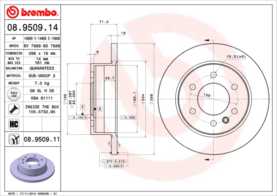 A.B.S. 08.9509.11 BREMBO COATED DISC LINE Bremsscheibe