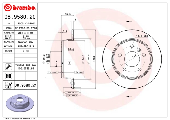 A.B.S. 08.9580.21 BREMBO COATED DISC LINE Bremsscheibe