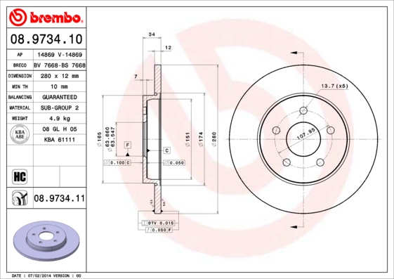 A.B.S. 08.9734.11 BREMBO COATED DISC LINE Bremsscheibe