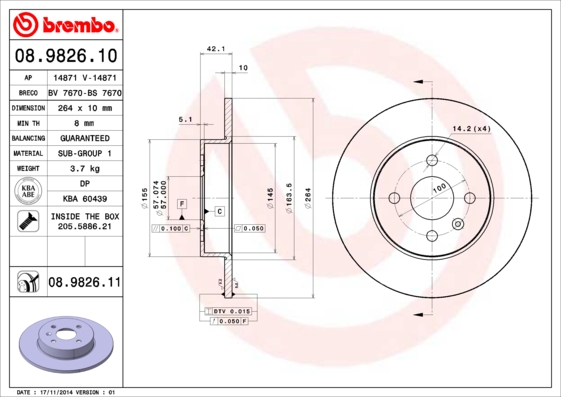 A.B.S. 08.9826.11 BREMBO COATED DISC LINE Bremsscheibe