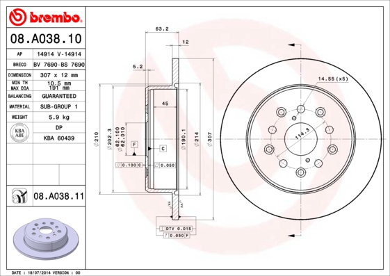 A.B.S. 08.A038.11 BREMBO COATED DISC LINE Bremsscheibe
