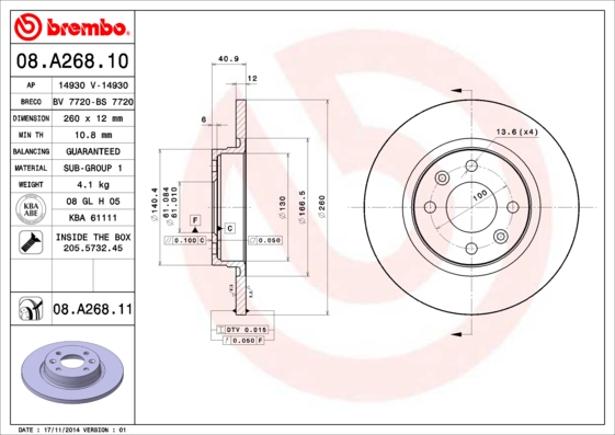 A.B.S. 08.A268.11 BREMBO COATED DISC LINE Bremsscheibe