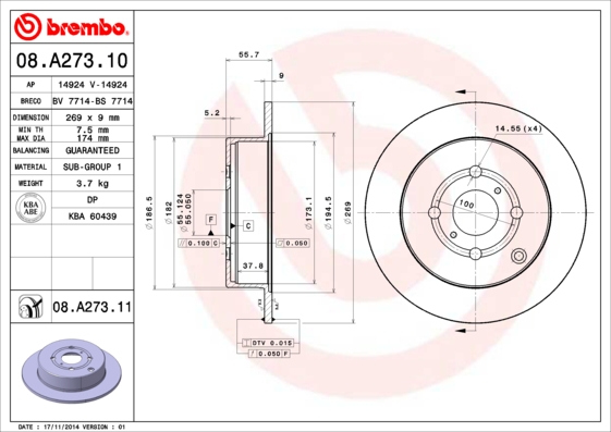 A.B.S. 08.A273.11 BREMBO COATED DISC LINE Bremsscheibe