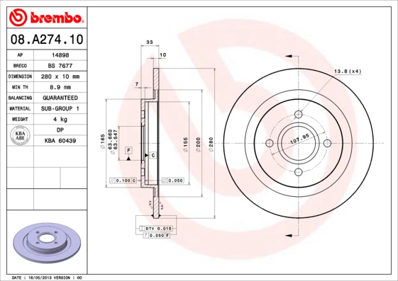 A.B.S. 08.A274.10 BREMBO Bremsscheibe