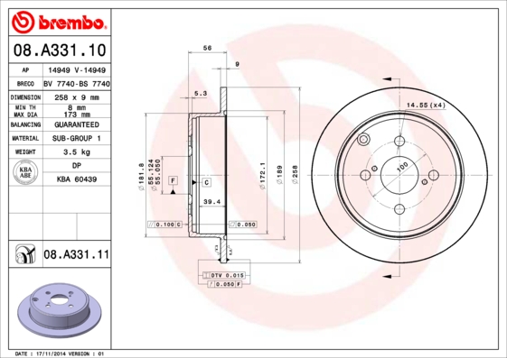 A.B.S. 08.A331.11 BREMBO COATED DISC LINE Bremsscheibe