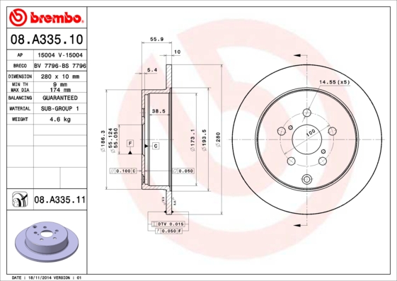 A.B.S. 08.A335.11 BREMBO COATED DISC LINE Bremsscheibe
