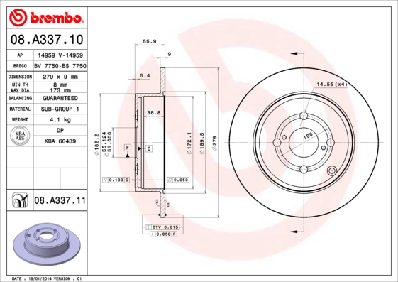 A.B.S. 08.A337.11 BREMBO COATED DISC LINE Bremsscheibe