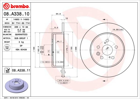 A.B.S. 08.A338.11 BREMBO COATED DISC LINE Bremsscheibe