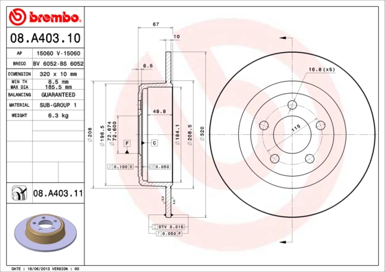 A.B.S. 08.A403.11 BREMBO COATED DISC LINE Bremsscheibe
