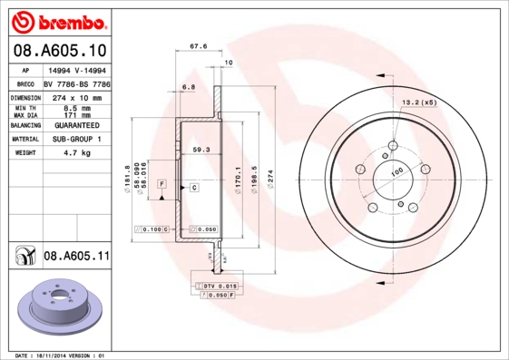 A.B.S. 08.A605.11 BREMBO COATED DISC LINE Bremsscheibe