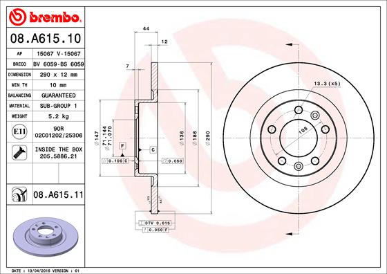 A.B.S. 08.A615.11 BREMBO COATED DISC LINE Bremsscheibe