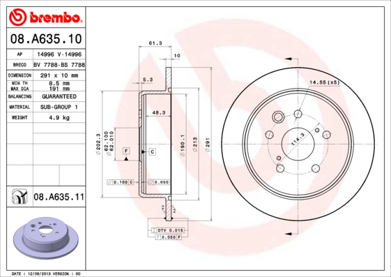 A.B.S. 08.A635.11 BREMBO COATED DISC LINE Bremsscheibe