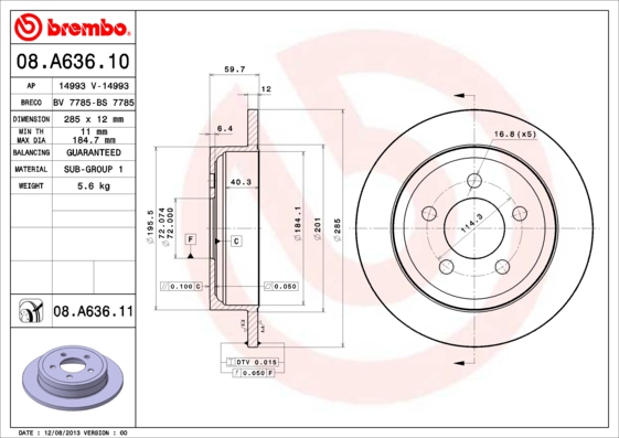 A.B.S. 08.A636.11 BREMBO COATED DISC LINE Bremsscheibe