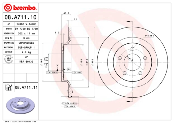 A.B.S. 08.A711.11 BREMBO COATED DISC LINE Bremsscheibe