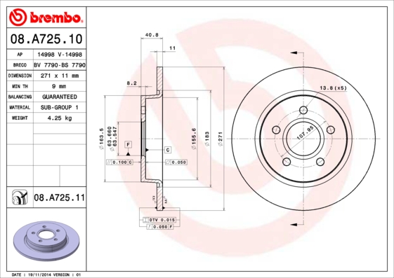 A.B.S. 08.A725.11 BREMBO COATED DISC LINE Bremsscheibe