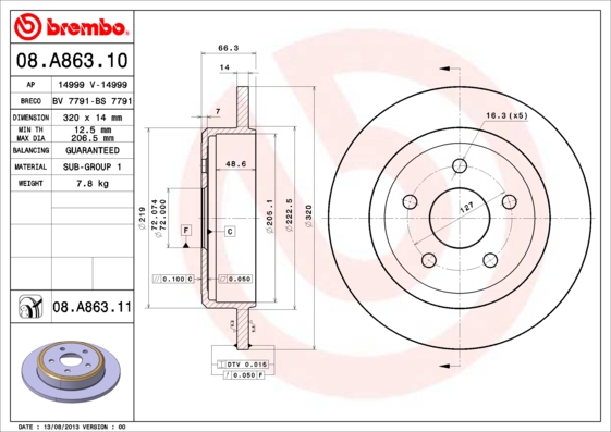 A.B.S. 08.A863.11 BREMBO COATED DISC LINE Bremsscheibe