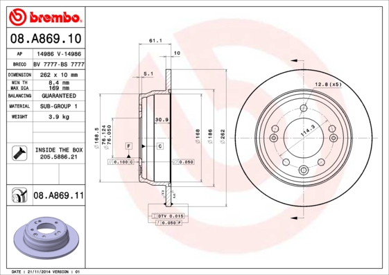 A.B.S. 08.A869.11 BREMBO COATED DISC LINE Bremsscheibe