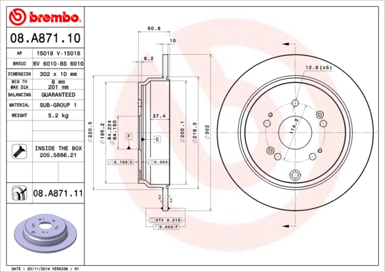 A.B.S. 08.A871.11 BREMBO COATED DISC LINE Bremsscheibe