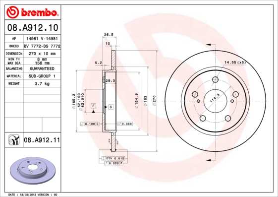 A.B.S. 08.A912.11 BREMBO COATED DISC LINE Bremsscheibe