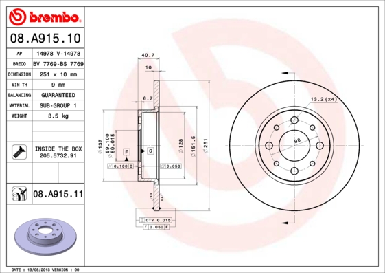 A.B.S. 08.A915.11 BREMBO COATED DISC LINE Bremsscheibe
