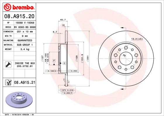 A.B.S. 08.A915.21 BREMBO COATED DISC LINE Bremsscheibe