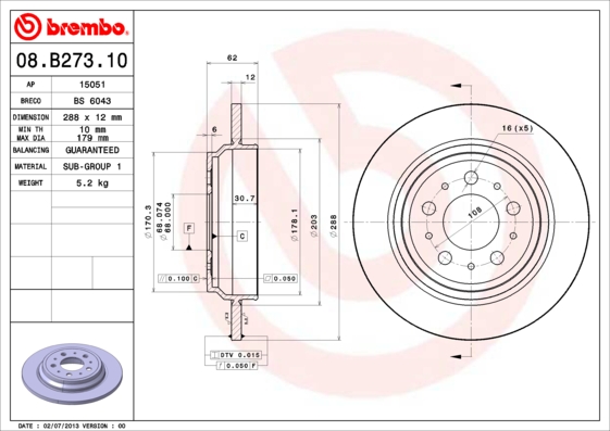 A.B.S. 08.B273.10 BREMBO Bremsscheibe