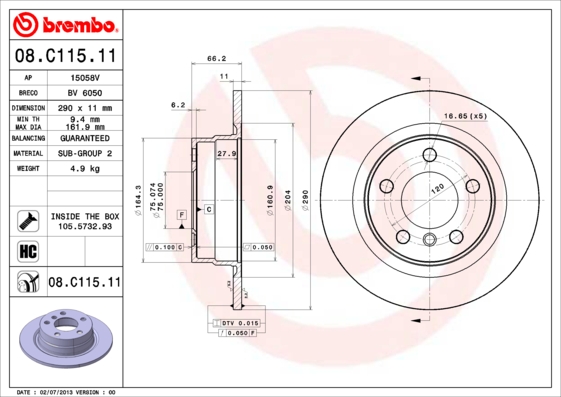 A.B.S. 08.C115.11 BREMBO COATED DISC LINE Bremsscheibe