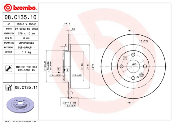 A.B.S. 08.C135.11 BREMBO COATED DISC LINE Bremsscheibe