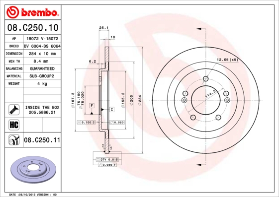 A.B.S. 08.C250.11 BREMBO COATED DISC LINE Bremsscheibe