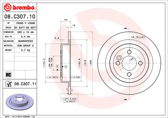 A.B.S. 08.C307.11 BREMBO COATED DISC LINE Bremsscheibe