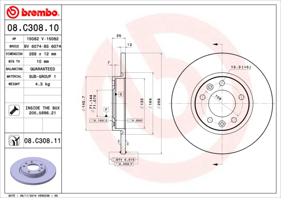 A.B.S. 08.C308.11 BREMBO COATED DISC LINE Bremsscheibe