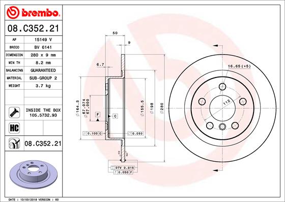 A.B.S. 08.C352.21 BREMBO COATED DISC LINE Bremsscheibe