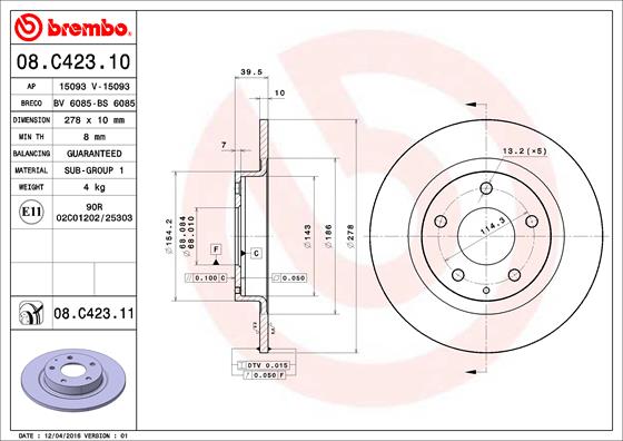 A.B.S. 08.C423.11 BREMBO COATED DISC LINE Bremsscheibe