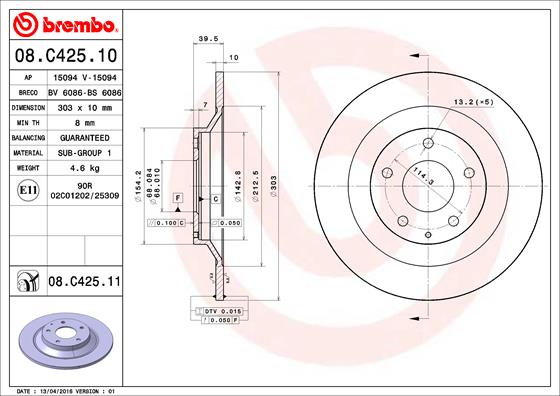 A.B.S. 08.C425.11 BREMBO COATED DISC LINE Bremsscheibe