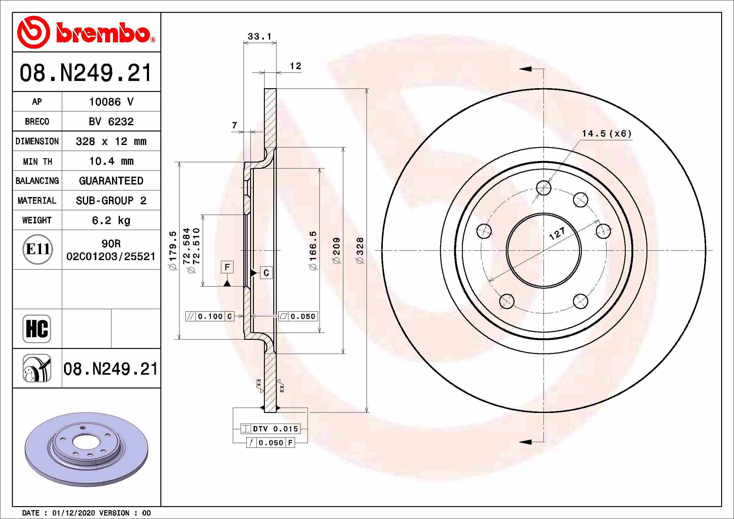 A.B.S. 08.N249.21 BREMBO COATED DISC LINE Bremsscheibe